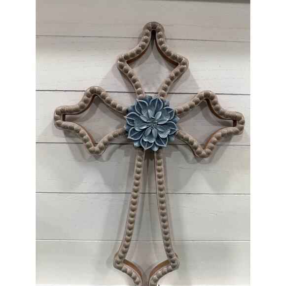 Farmhouse Cottagecore Wall Cross with Blue Flower  Christian Faith Decor 16” - Picture 8 of 8